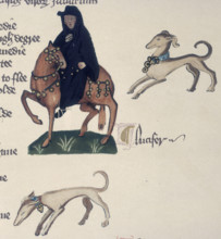 A monk on horseback and two dogs, 1911. From a facsimile made in 1911 of "The Ellesmere Chaucer",