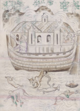 Noah's ark, c1300-c1325. Noah on the left hand side of the ark is releasing the birds to find out