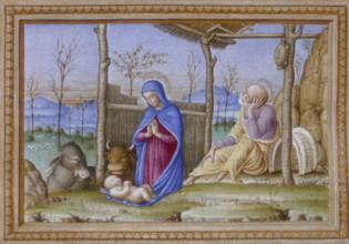 Jesus, Mary and Joseph in the stable, 15th century? Mary kneels in prayer in front of the baby