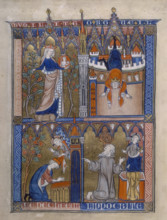 Four scenes from "La Somme le Roy", c1290-c1299. In the top left a crowned woman stands in a garden