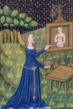 Thamar (Timarete) painting her picture of Diana, c1400-c1425. She holds a bowl of paint in one hand