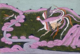 The Simurgh carrying the infant Zal to her nest on Mount Alburz, 1742. The Birth of Zal - miniature