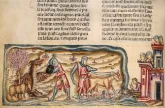 Jason in the Argo, yoking the oxen and slaying the dragon, 1340. On the far left Jason in a suit of
