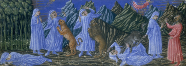 Inferno, Canto I, 1442-1450. Dante asleep in front of the dark wood; Dante looks at the rays of the
