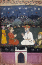Baba Nanak (Guru Nanak) and Mardana with musical instrument and King Shivanabh with attendant, 1733