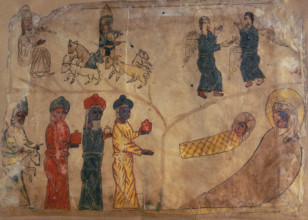 Scenes from the life of Christ, 1317. The Three Kings, bearing gifts, approach the Infant Jesus and