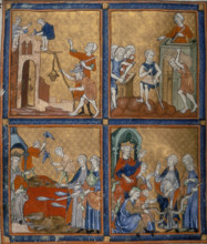 Four scenes from the Old Testament, c1300-c1330. On the top left men are building Pharoah's cities.