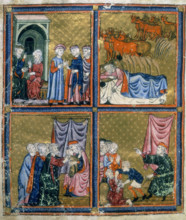 Joseph and the Pharaoh, c1300-c1330. In the top left Joseph is interpreting the  pharoah's dream.