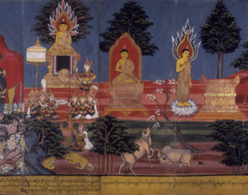 Buddhist deities, 19th century. A group kneeling on the left hold a fan and a shell, a symbol of