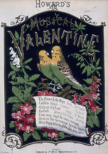 'Howard's Musical Valentine', 1876. Sheet music cover with two budgerigars and a list of the songs.