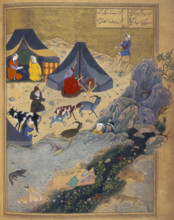 The death of Majnun on Layla's grave, 1494. A lion and a leopard approach the body of Majnun, while