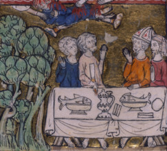 Seven hands appear from Heaven casting fire upon Moys, c1300-c1350. The empty space between the