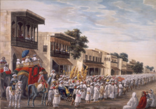 Marriage procession of a Muslim bridegroom proceeding to the bride's house, c1808. People ride on