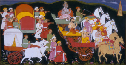 Procession of kings, wise men and their attendants, 1713. In the front are horse-drawn carriages