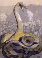 Kaa, the snake, 1919. Kaa rears up, his forked tongue protruding, as the apes cower in fear. From a