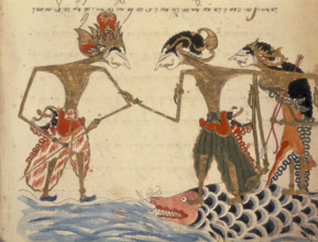 Two figures standing on a fish, 1804. One holds an arrow or trident, the other grasps the arm of a