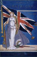 Britannia standing in front of the Union Jack, 1905. 'A souvenir of Trafalgar, 1805-1905'