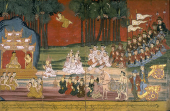 A king and his entourage kneel before Buddha, 19th century. The Buddha sits surrounded by priests