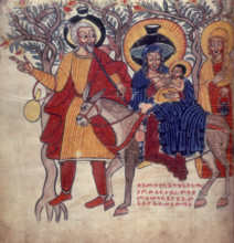 Joseph, Mary and Jesus leave Bethlehem, 1756. Joseph leads the donkey bearing the Virgin Mary and