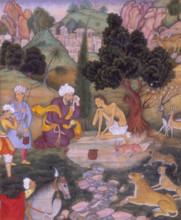 Salim telling Majnun of his mother's death, 1595. The emaciated Majnun, wearing a loincloth, is