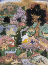 Majnun visited in the desert by his mother and Salim, 1595. Majnun's mother touches him on the