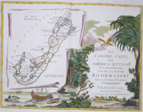 Map of Bermuda, 1778. Illustrated with pictures of ships at anchor and indigenous flora and fauna.