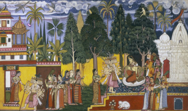Many-headed deities, 1653. Hanuman in the Ashoka grove. From a position high in a Shingshapa tree,