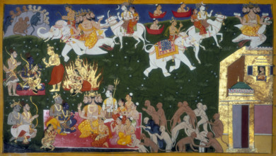 Agni Pariksha, 1652. Trial by fire. Scene from a Hindu epic, with multi-headed gods, white