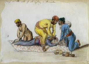 'Thugs in the act of strangling a traveller', 1838. The cult of Thuggee in India was practiced by