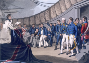 Sailors at prayers on board Lord Nelson's ship, after the Battle of the Nile, 1819. The priest