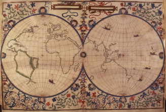 World Map, 1542. On the left is the 'New World', the Americas. Surrounded by a colourful decorative