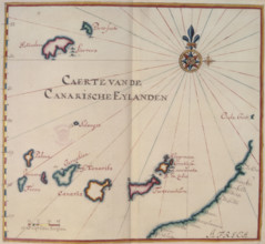 Map of the Canary Islands, 17th century. 'Caerte van de Canarische Eylanden'. On the right is the