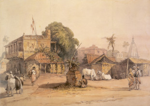 Indian village, c1835. Street scene showing a small 'tulsi' altar, centre, and a water carrier with