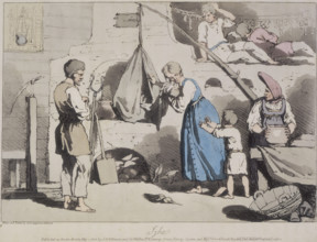 'Izba'; a Russian family, 1812. Scene inside a Russian peasant house, or izba; a child holds his