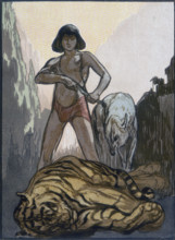 Mowgli kills Shere Khan, the tiger; scene from "The Jungle Book", 1919. From a French translation
