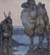 Camel and ass; scene from "The Jungle Book", 1919. From a French translation of "The Jungle Book"