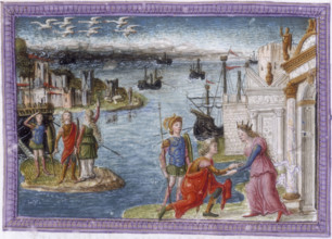 Aeneas welcomed at Carthage by Dido, c1497-c1499. Aeneas kneels before Queen Dido at the gates to
