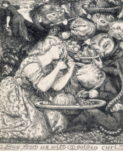 'Buy from us with a golden curl', 1862. A woman cuts a curl of her golden hair with a pair of