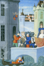 Richard II being taken into the Tower of London, 1399, (c1460-c1480). A group of soldiers manhandle