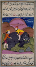 Two men treating an elephant, c1700-c1899. An elephant lying on the ground, with one man on its