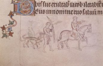 A noble and serf hunting, c1300-c1325. A noble on horseback leads the way with his serf following