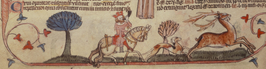 A king with his hunting dog, chasing a stag, c1300-c1325. A king riding his horse and blowing his