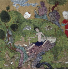 Majnun in the desert among the wild beasts, 1500. An extremely thin Majnun sits with a leopard