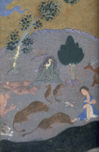 Majnun in the desert with the animals, c1410-c1411. Majnun sits in the desert surrounded by a stag,