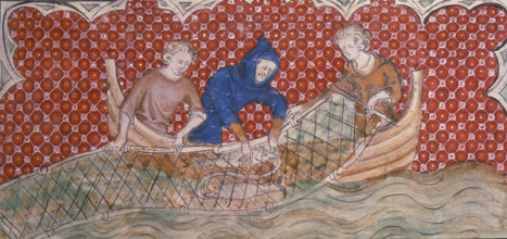 Three fishermen hauling in their catch, c1300-c1325. The men pull the net into the boat.
