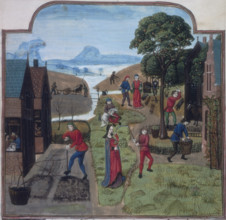 Labours of the Months, c1475-c1500. Showing 12 labours. Men digging the soil, cutting the grass
