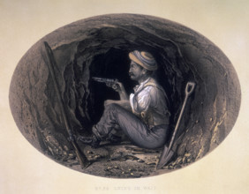 'Lying in Wait', 1858. A man armed with a pistol, sitting on the ground in what appears to be a