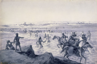 Crossing the Helmund at Chahar Burjak, Afghanistan, 1884. Men form two lines across the river