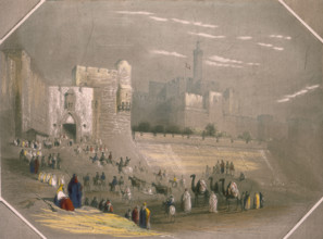People outside the city walls, Mount Zion, Jerusalem, 1844. To the right is the Anglican Cathedral