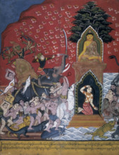Scene from the life of the Buddha, 19th century. Siddhattha, seated in a cross-legged posture,